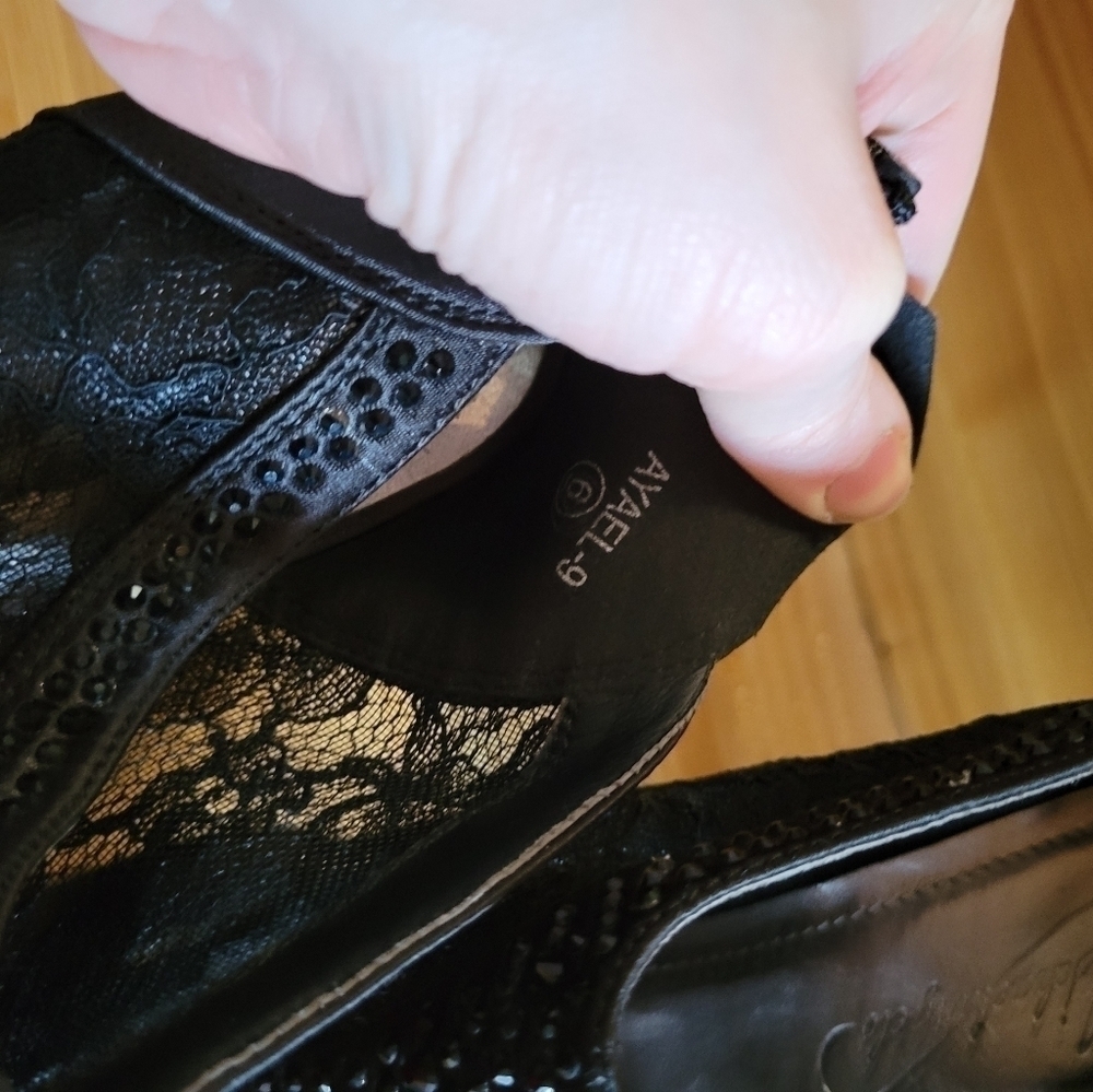 Michelangelo Ayael-9 lace & rhinestone zip up stiletto bootie black 6 - Picture 8 of 8
